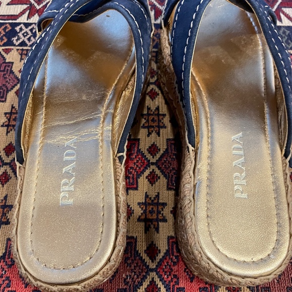 PRADA Blue Suede/Gold Criss-Cross Espadrille/Slide/Sandal - Size 38 - Picture 4 of 6